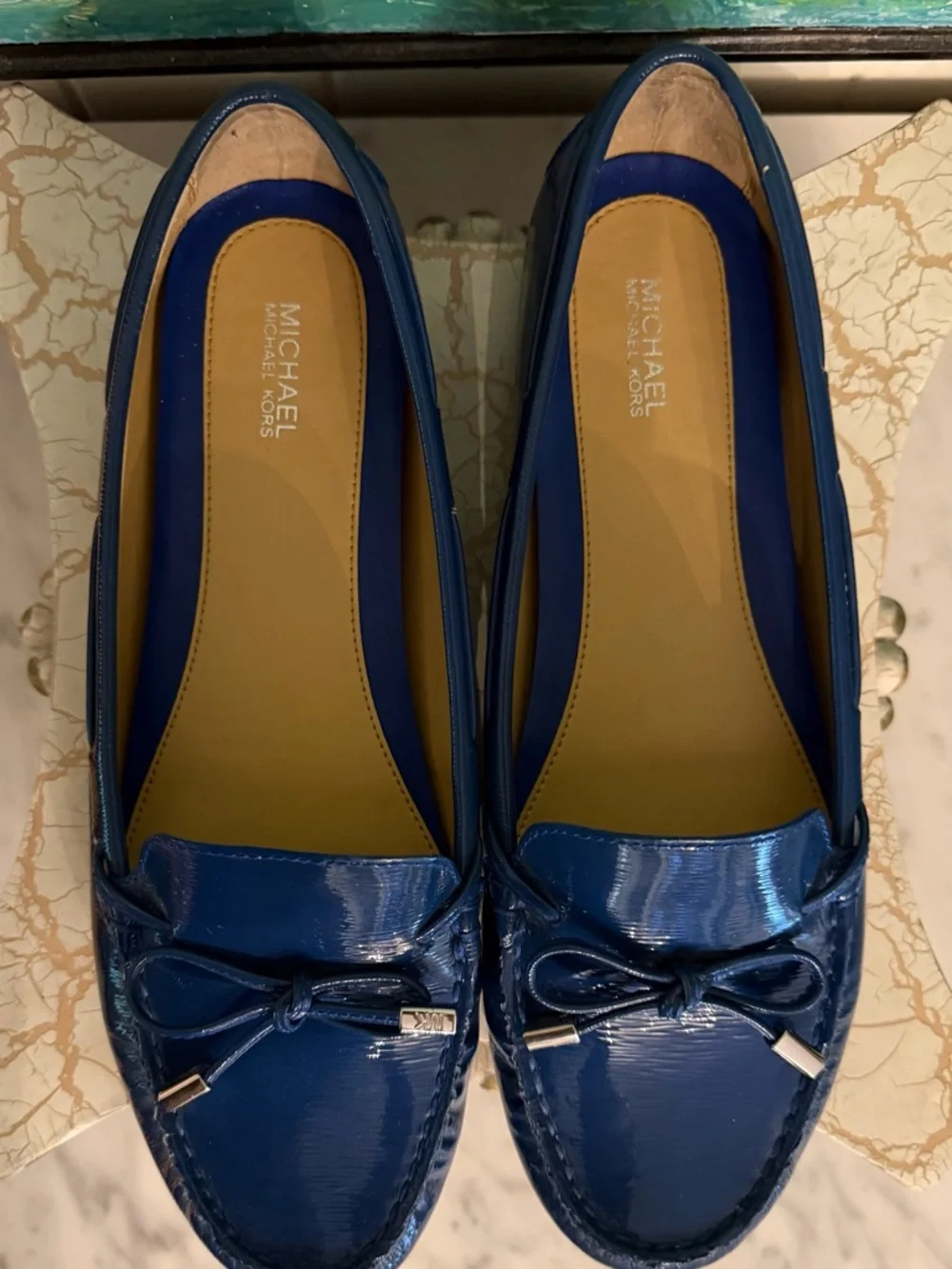 Michael Kors Royal Blue Patent Leather Bow Loafers - Picture 2 of 7